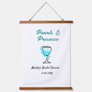 Pearls and prosecco bridal shower blue black name hanging tapestry
