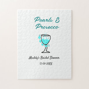 Pearls and prosecco bridal shower blue black name jigsaw puzzle