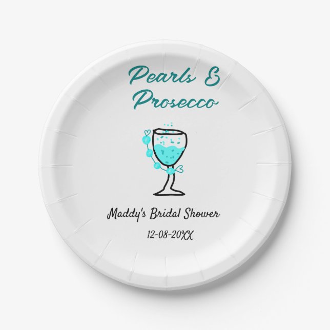 Pearls and prosecco bridal shower blue black name  paper plate (Front)