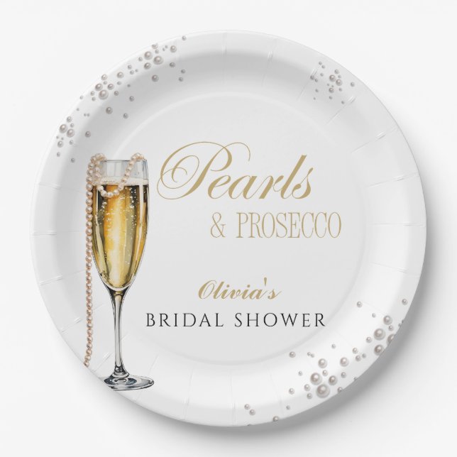 Pearls and Prosecco Bridal Shower, Bridal Brunch Paper Plate (Front)