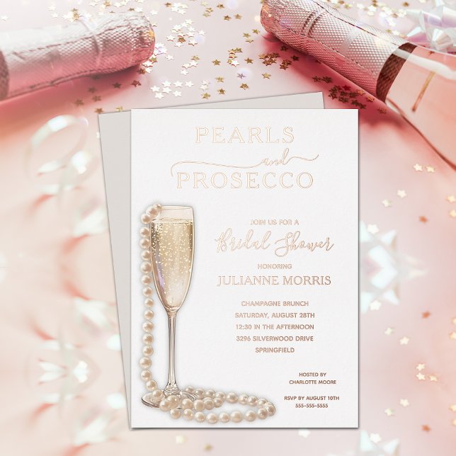 Pearls and Prosecco Bridal Shower Brunch & Bubbly (Pearls and Prosecco bridal shower brunch & bubbly REAL ROSE GOLD FOIL invitations)