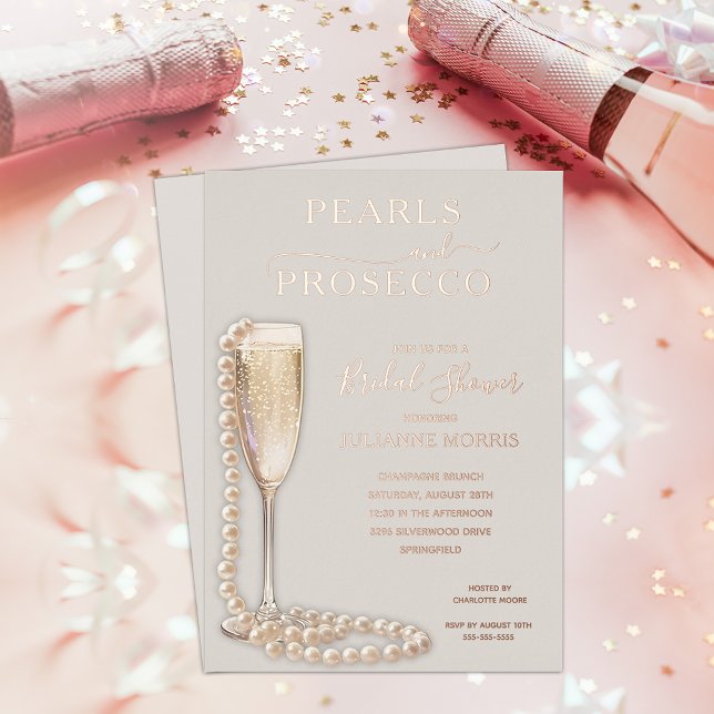 Pearls and Prosecco Bridal Shower Brunch & Bubbly (Pearls and Prosecco Bridal shower brunch & bubbly REAL ROSE GOLD FOIL on taupe invitations)