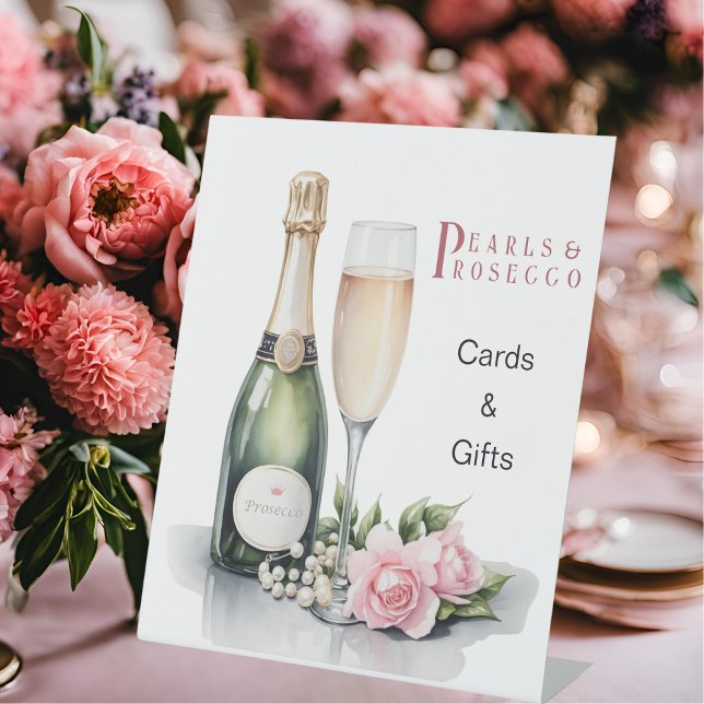 Pearls And Prosecco Bridal Shower Cards & Gifts Pedestal Sign (Angled view pearls and prosecco bridal shower romantic pink fairytale elegant cards and gifts sign
)