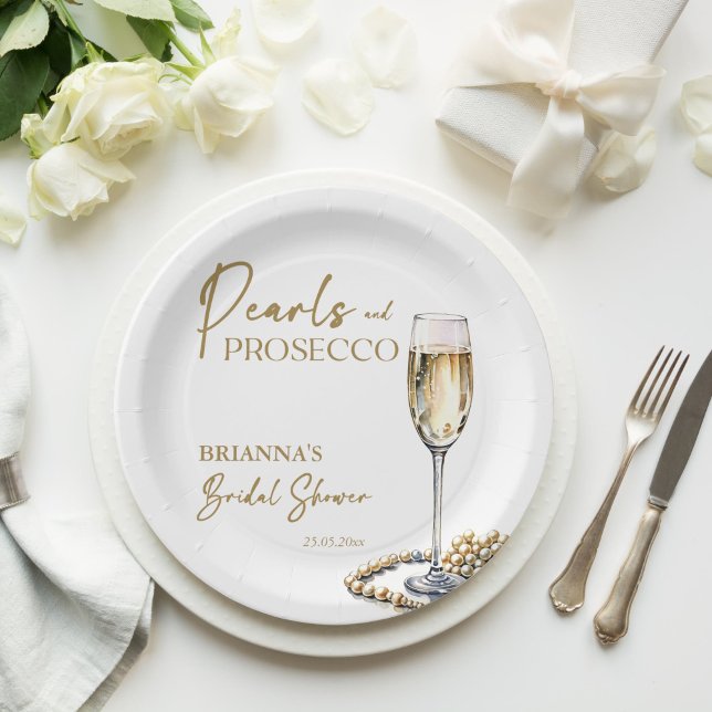 Pearls and prosecco bridal shower elegant printed paper plate (Pearls and prosecco bridal shower elegant monogram printed paper plates personalized tableware decor)