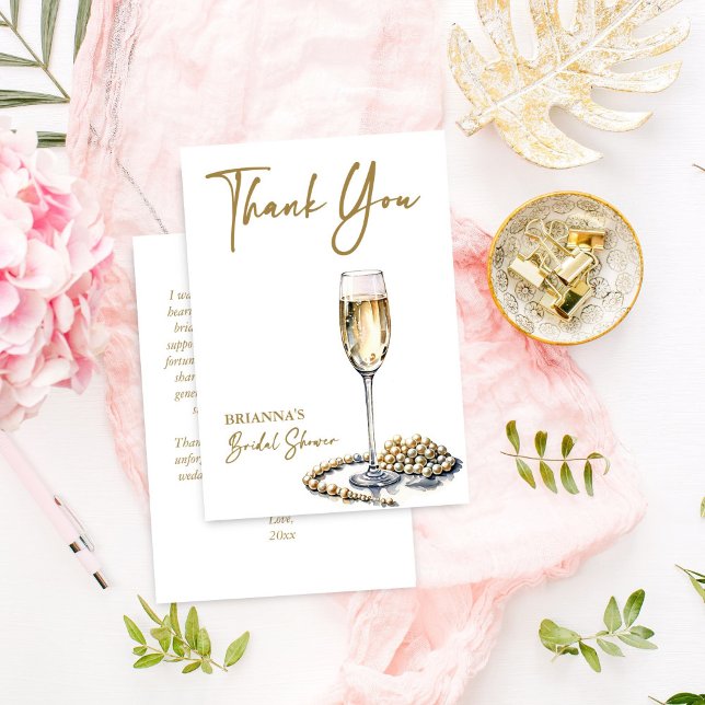 Pearls and prosecco bridal shower elegant printed thank you card (Pearls and prosecco bridal shower elegant thank you cards watercolor champagne glass and pearls)