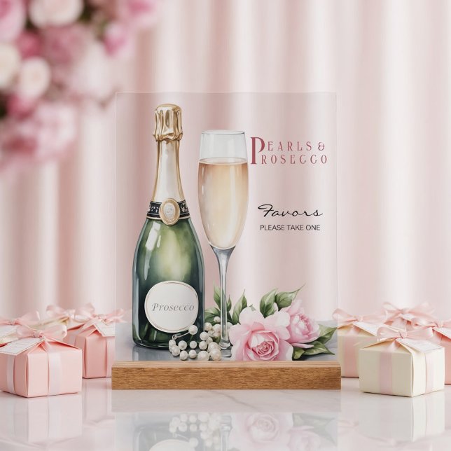 Pearls And Prosecco Bridal Shower Favors Acrylic Sign (Front view pearls and prosecco bridal shower romantic pink fairytale elegant favors acrylic sign)