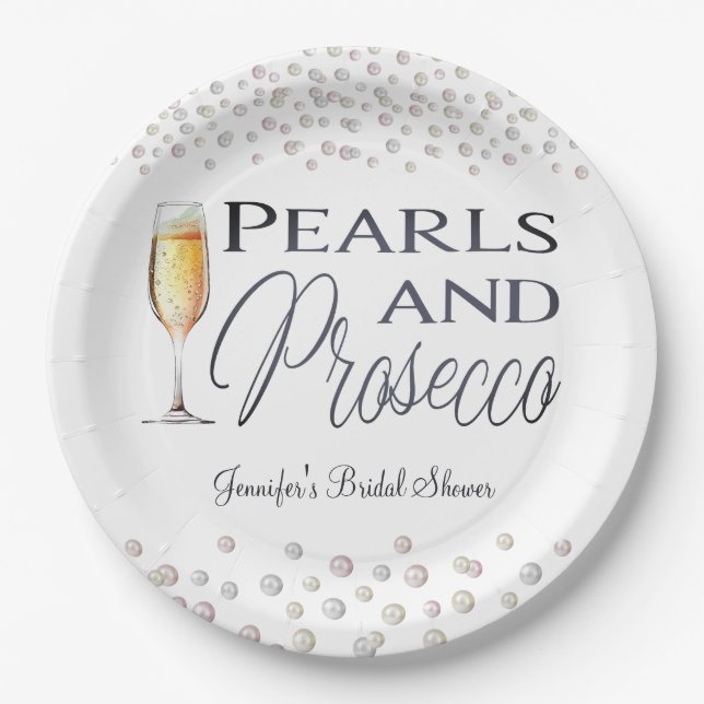 Pearls and Prosecco Bridal Shower Paper Plate (Front)