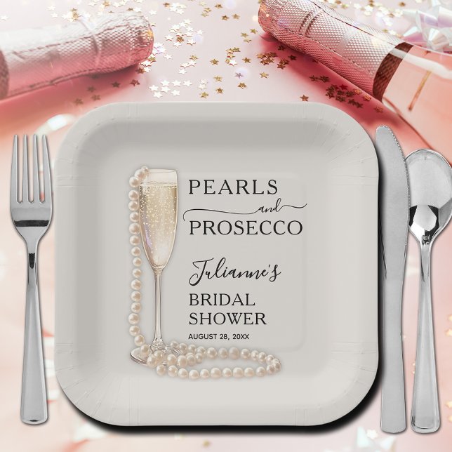 Pearls and Prosecco Bridal Shower Paper Plate (Pearls and Prosecco brunch and bubbly bridal shower square paper plates)