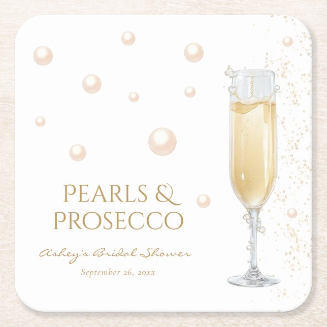 Pearls and Prosecco bridal shower Square Paper Coaster (Front)