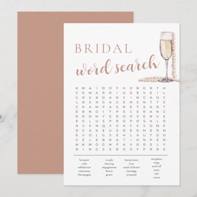 Pearls and Prosecco Bridal Shower Word Search Game Invitation (Front/Back)