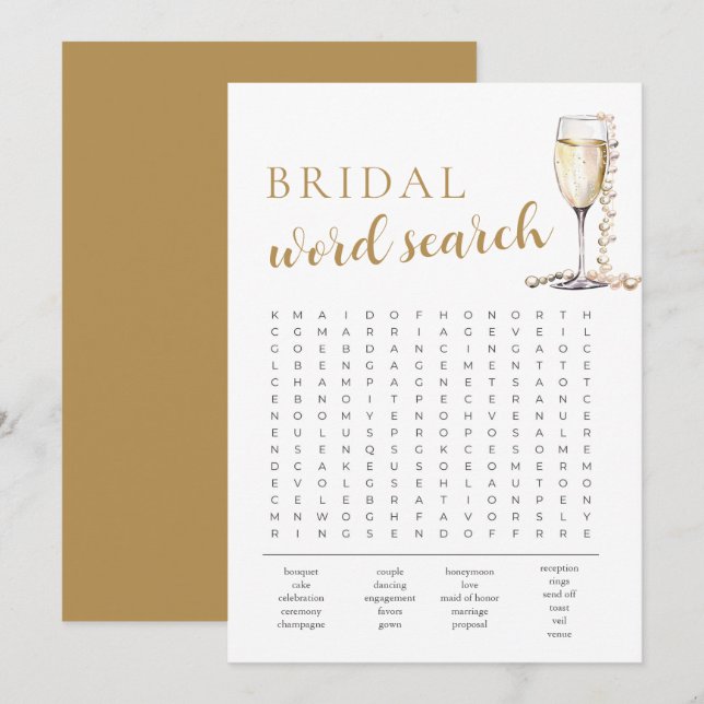 Pearls and Prosecco Bridal Shower Word Search Game Invitation (Front/Back)