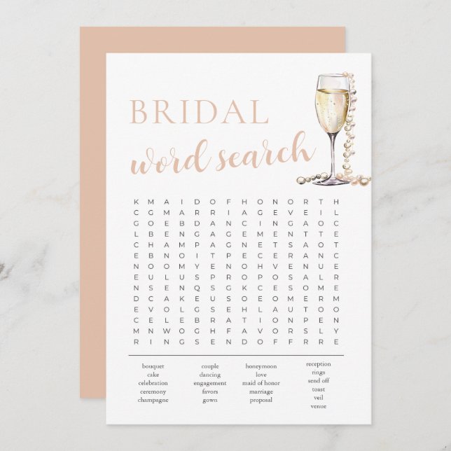 Pearls and Prosecco Bridal Shower Word Search Game Invitation (Front/Back)
