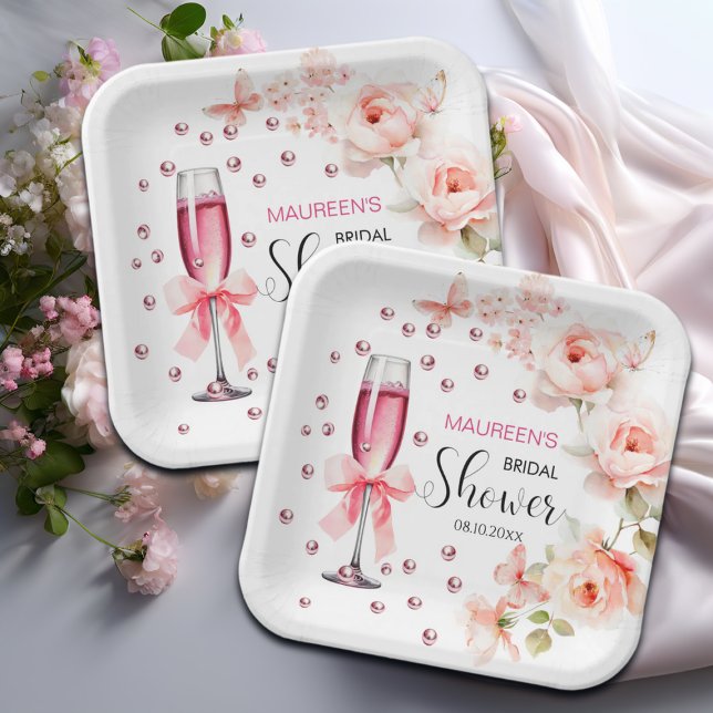 Pearls and Prosecco Dusty Pink Roses Bridal Shower Paper Plate (Creator Uploaded)