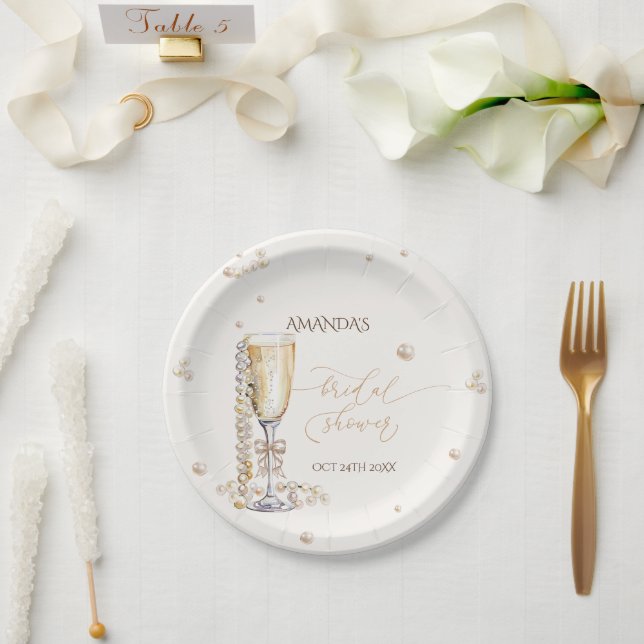 Pearls and Prosecco Elegant Bow Bridal Shower  Paper Plate (Wedding)