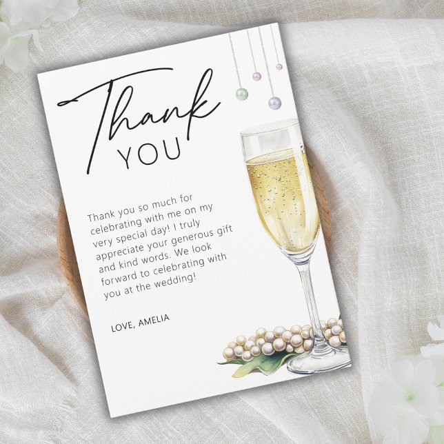 Pearls And Prosecco Elegant Minimal Bridal Shower Thank You Card (Creator Uploaded)