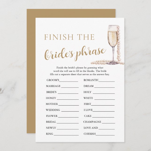 Pearls and Prosecco Finish the Bride's Phrase Game Invitation (Front/Back)