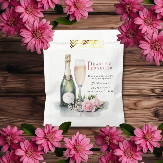 Pearls And Prosecco Floral Elegant Bridal Shower Favour Bag (Flat lay pearls and prosecco bridal shower rustic glam chic watercolor floral favor bag)
