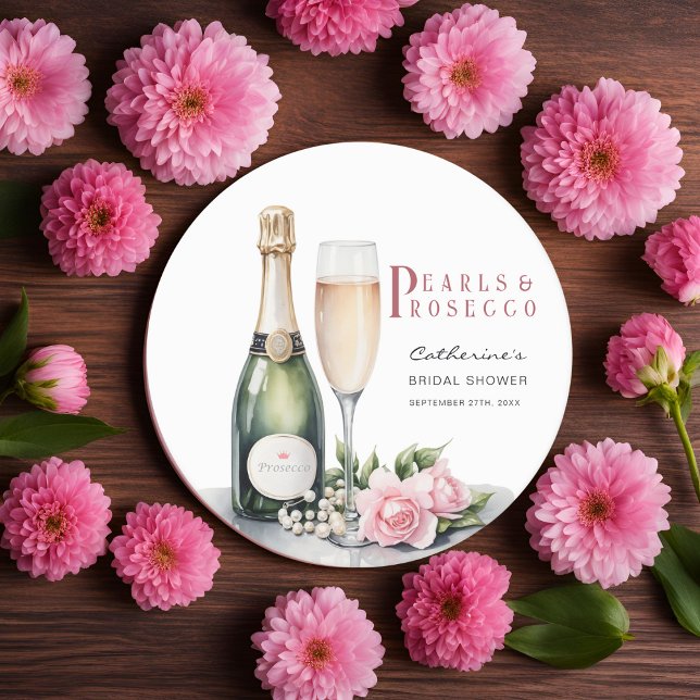 Pearls And Prosecco Floral Elegant Bridal Shower Round Paper Coaster (Creator Uploaded)