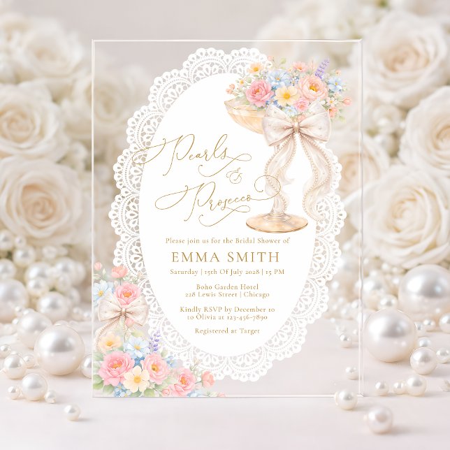 Pearls and Prosecco Floral Garden Bridal Shower Acrylic Invitations (Creator Uploaded)