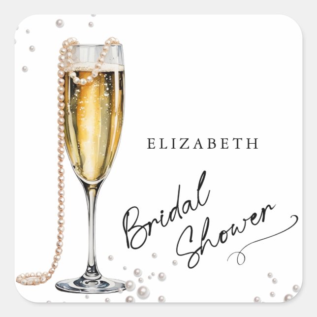 Pearls and Prosecco Minimalist Bridal Shower Square Sticker (Front)