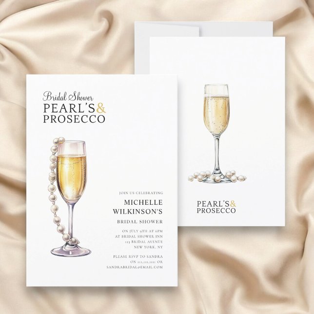 pearls and prosecco modern minimal bridal shower  invitation (modern minimal bridal shower invitation pearls and prosecco themed )