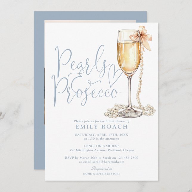 Pearls And Prosecco Photo QR Code Bridal Shower Invitation (Front/Back)