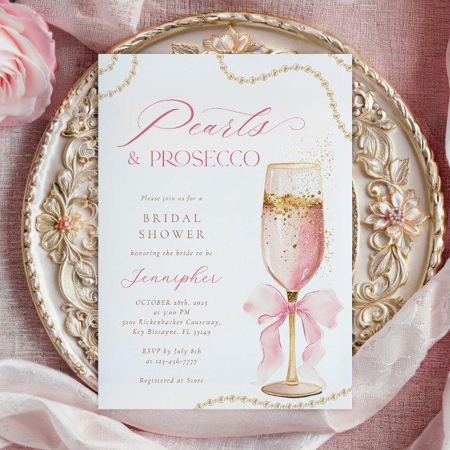 Pearls and Prosecco Pink Bow Bridal Shower  Invitation (Creator Uploaded)