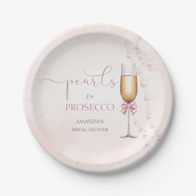 Pearls and Prosecco Pink Bridal Shower Paper Plate (Front)