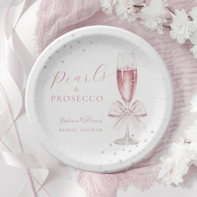 Pearls and Prosecco Pink Bridal Shower Paper Plate (Creator Uploaded)