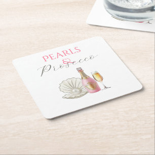 Pearls and Prosecco Pink Bridal Shower Square Paper Coaster