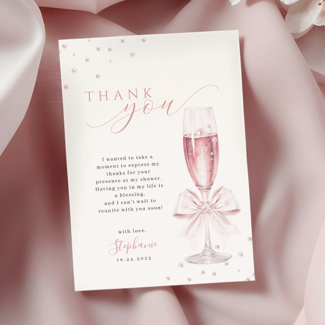 Pearls and Prosecco Pink Bridal Shower Thank You Card (Creator Uploaded)
