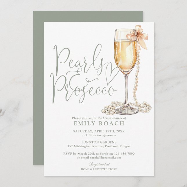 Pearls And Prosecco Sage Green Bridal Shower Invitation (Front/Back)