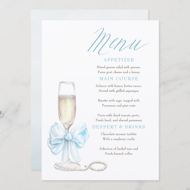 Pearls and Prosecco Whimsical Chic Menu Cards (Front/Back)