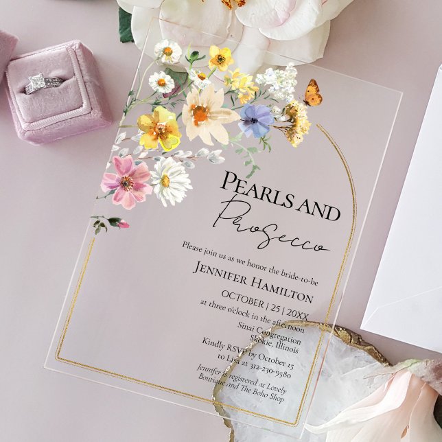 Pearls and Prosecco Wildflower Boho Bridal Shower Acrylic Invitations (Creator Uploaded)