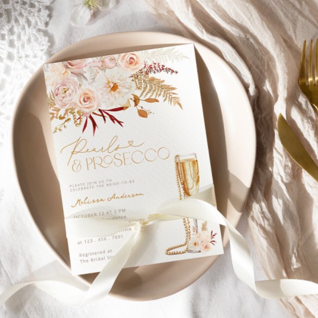 Pearls and Prosecco with Floral Bridal Shower Invitation (Creator Uploaded)