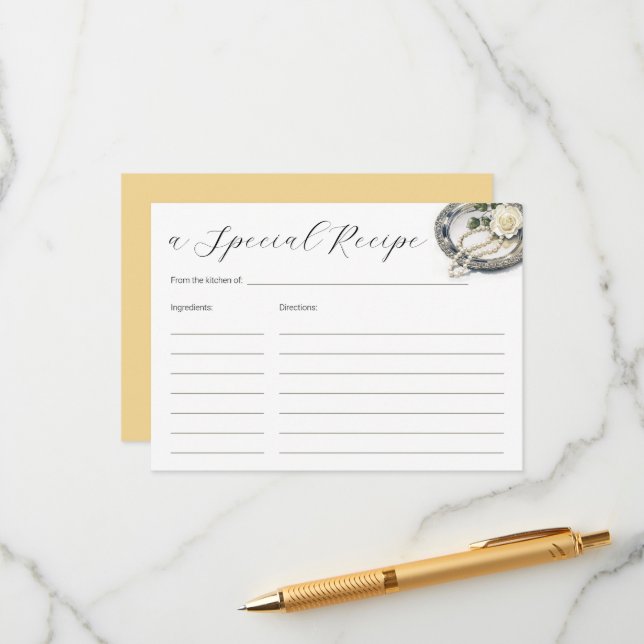 Pearls and Rose Bridal Shower Recipe Enclosure Card (Front/Back In Situ)