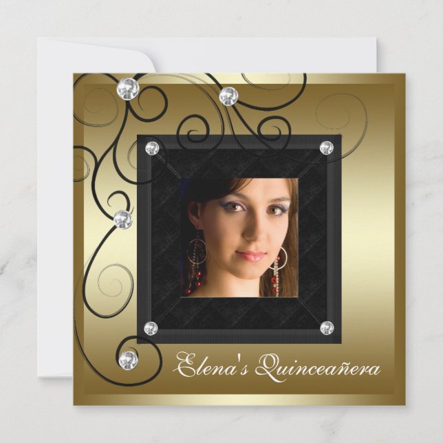 Pearls Black Gold Photo Quinceanera Invitations (Front)