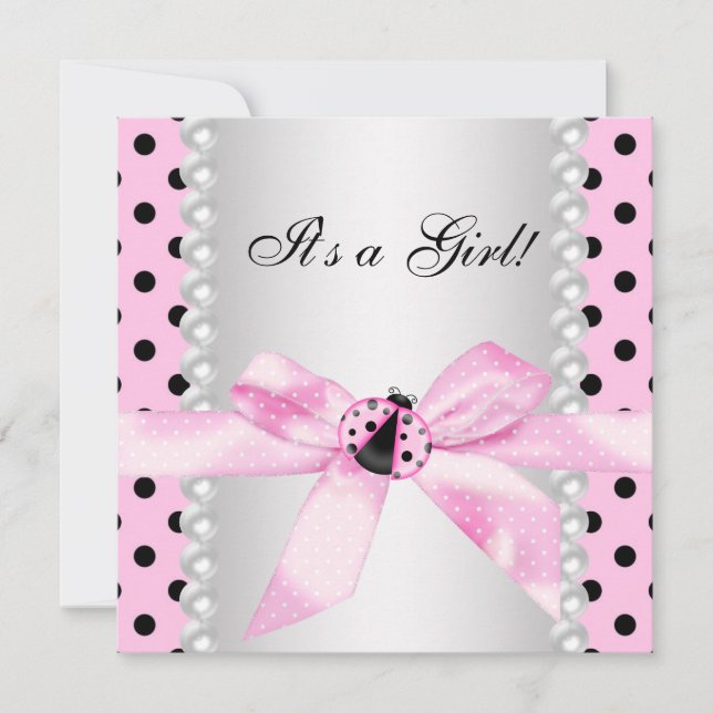 Pearls Black Pink Ladybug Baby Girl Shower Invitation (Front)