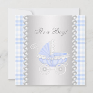 Pearls Blue Gingham Carriage Baby Boy Shower Invitation