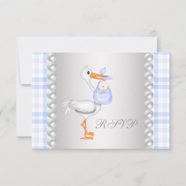 Pearls Blue Gingham Stork Baby Shower RSVP (Front)