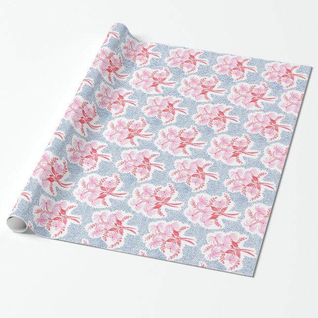 Pearl's Bouquet Red and Pink with Blue Wrapping Paper (Unrolled)