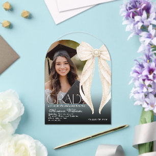 Pearls  Bow ivory Graduation party Arch Photo Acrylic Invitations