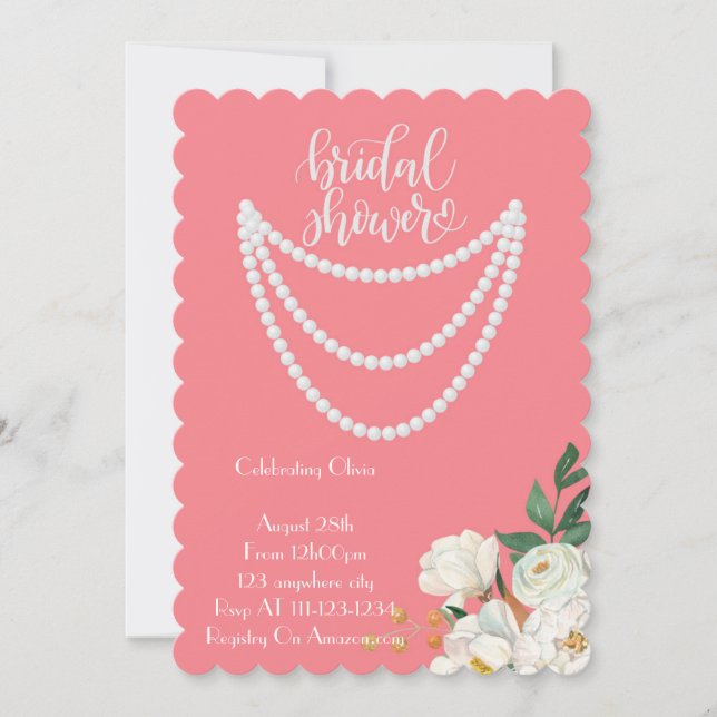 pearls bridal shower invitation in pink (Front)