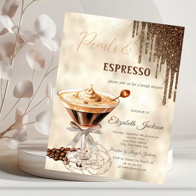Pearls Espresso Bow Glitter Drips  Invitation (Creator Uploaded)