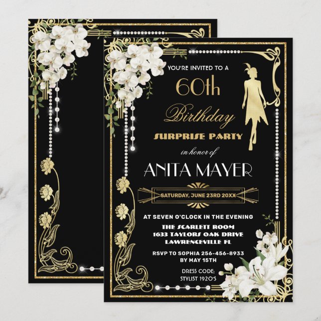 Pearls Floral Art Deco Gatsby Birthday ANY AGE Inv Invitation (Front/Back)