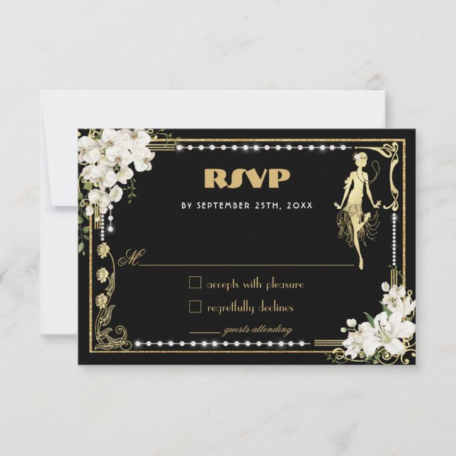 Pearls Floral Art Deco Gatsby Roaring Twenties  RSVP Card (Front)