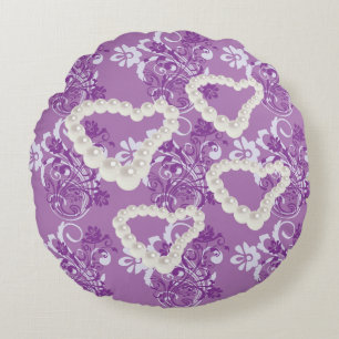 Pearls Floral Heart Purple Round Pillow
