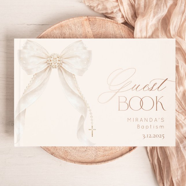 Pearls Gold Bow Girl Baptism Guest Book (Creator Uploaded)