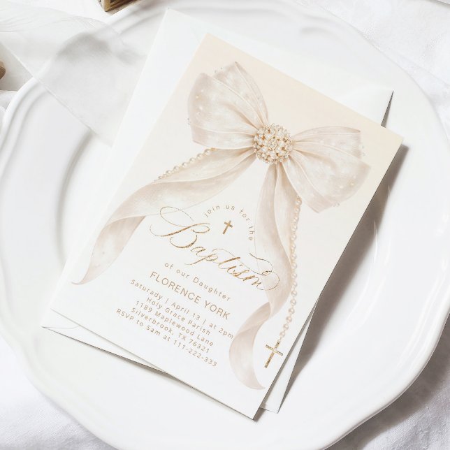 Pearls Gold Bow Girl Baptism Religious Invitation (Creator Uploaded)