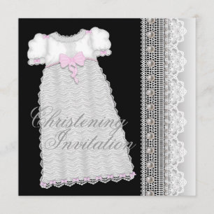 Pearls Gown Baby Girl Pink Black Christening Invitation